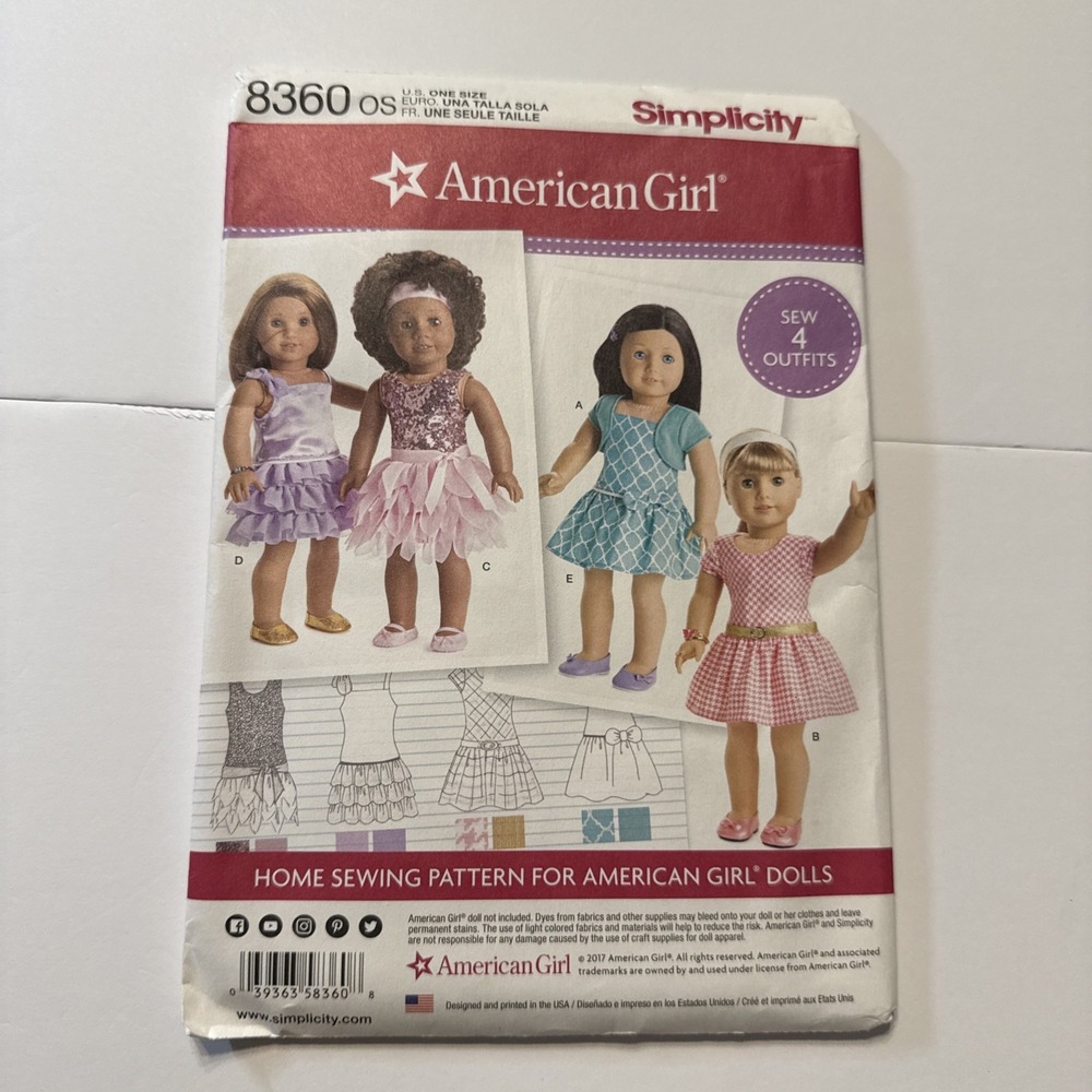 2017 AMERICAN GIRL 18" SEWING PATTERN BY SIMPLICITY #8360 os UNCUT